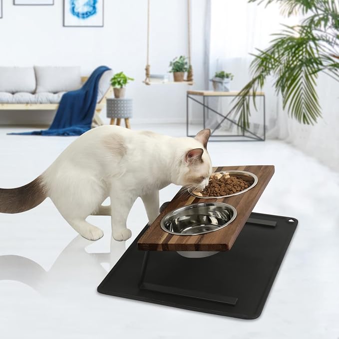 Aivituvin Elevated Dog Bowls, 15°Tilted Raised Cat Food Bowl, Walnut Wood Water Stand Feeder Set for Cats and Puppy, Pet Bowls with Anti Slip Mat(Small)