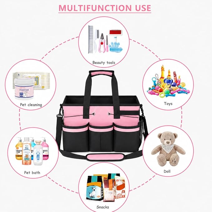Portable Dog Grooming Bag 5 Compartments, Oxford Fabric Tote Bag for Dogs and Cats, Pet Storage Organizer for Grooming Tool Kit, Doggie Diaper Bag, Pet Stuff Oganizer with 8 Pockets