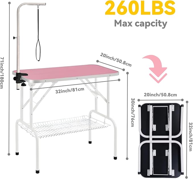 Baohe-32 Inch Dog Grooming Table - Pet Grooming Table - Foldable, Adjustable Arm, Portable, Non-Slip Grooming Table for Dogs at Home