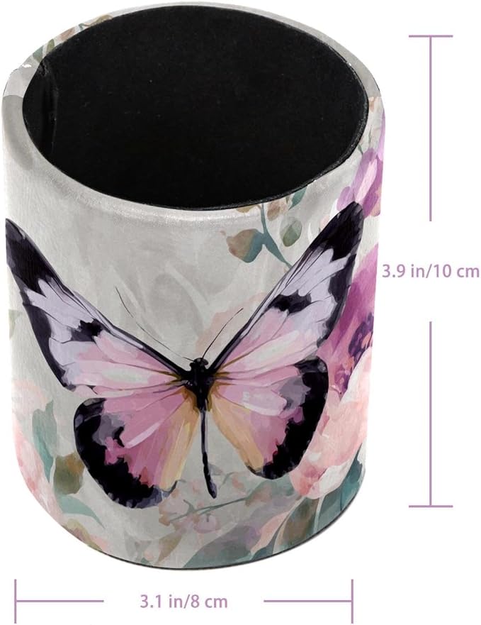 Faux Leather Pen Holder for Desk, Pencil Organizer Butterfly Pen Cup Desk Decor Makeup Brush Holder Storage for Office Home