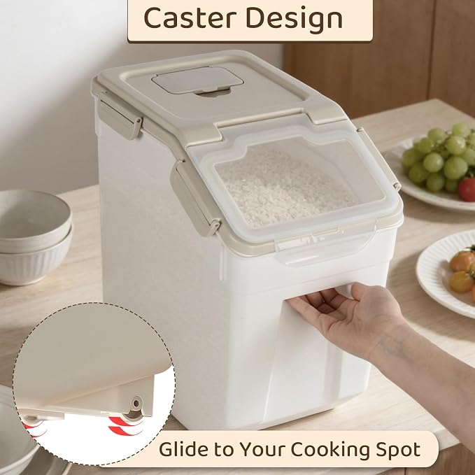 Saim 2 Pack 25lb Flour & Rice Storage Container Bin,Rice Dispenser (Grey) | BPA free plastic with seal lid, rolling wheels and measuring scoop for rice, flour, cereal and grain one-hand scooping