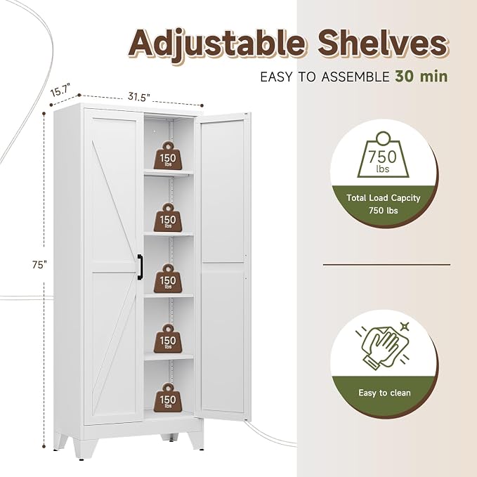 75" H Metal Storage Cabinet with 2 Doors and 4 Shelves,Tall Kitchen Pantry Cabinets,Farmhouse Utility Pantry Organizers for Cupboard/Dining/Bathroom/Home Office/Garage,White