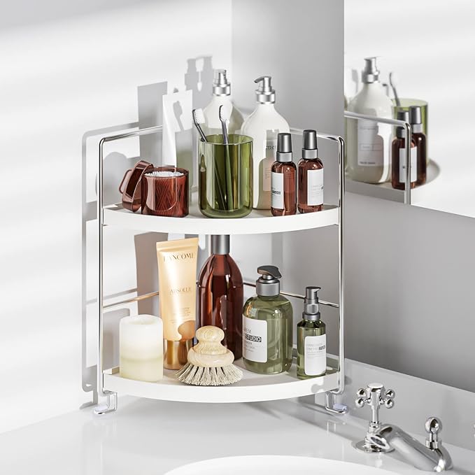 KINGNERWI 2-Tier Bathroom Counter Organizer, Vanity Corner Shelf, Silver | Makeup Skincare Storage Tray, Small Countertop Rack, Stores Cosmetics, Perfume, Seasoning, Fits Sink and Dresser