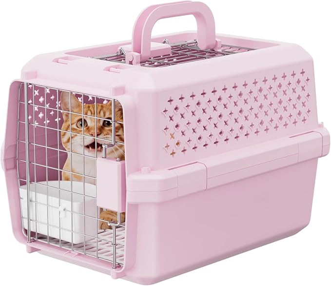 XS Hard Pet Carrier: Travel Crate for Small Cats & Dogs 10 lbs | Secure Locking Wire Door / Compact 16.9" x 12" x 11.8" / Multi-Side Ventilation / Lightweight Shell / Includes Food Bowl