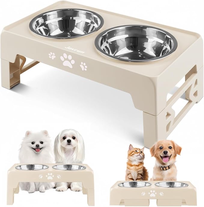 Jovrun Elevated Dog Bowls for Small Dogs and Cats, Non-Slip Cat Bowls with 2 Thick 5.5" Stainless Steel Dishes, Dog Feeder 2 Heights Adjustable to 2.6"-5.3"
