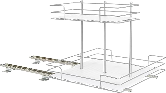 Household Essentials Glidez Steel Pull-Out/Slide-Out Storage Organizer with Plastic Liners for Under Sink or Wire Shelf Use - 2-Tier Design - Fits Standard Size Cabinet or Shelf, Brushed Silver