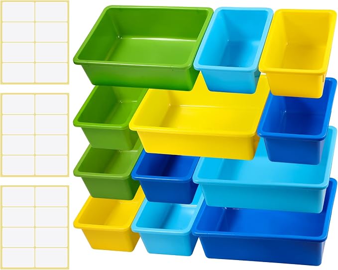 Zonon 12 Pcs Plastic Cubby Bins Office Storage Container Storage Bins Plastic Organization with 1 Pack Self Adhesive Label for Library Office Home Nursery(Cute Colors)