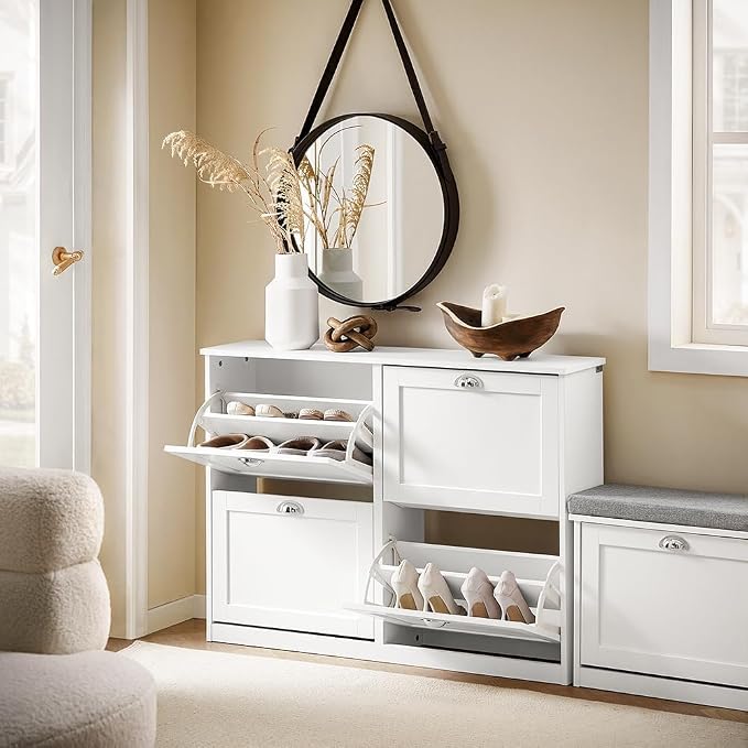 Haotian White Shoe Cabinet with 4 Flip Drawers | Large Freestanding Shoe Rack, Modern Shoe Organizer for Entryway, Hallway, Entrance FSR196-W