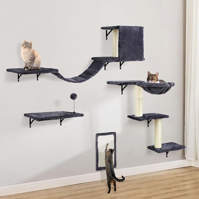 Cat Wall Shelves, Space-Saving Wall-Mounted Cat Climbing Set for Large Cats | Multi-Level Climbing System, Wall Furniture, Bed, Steps, Hammock, Wall Scratcher, Indoor Cat 40 lbs Small Place Corner Room
