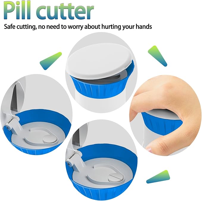 Pill Crusher Fine Powder with Small Medicine Pill Box 3-in-1,Pill Splitter Cutter for Small Pills Vitamins Tablets, Portable Pill Crushers for Elderly & Pet,Travel-Friendly Pill Grinder (Blue)