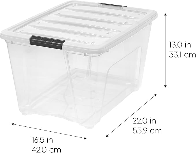 IRIS USA 54 Qt Storage Bins with Lids, 12 Pack, Dividers, Clear/White | Organize tools, pantry staples, cleaning supplies, craft materials, and household essentials with dividers.