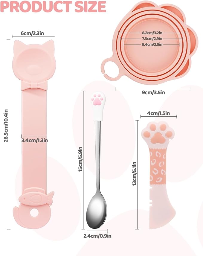 5 PCS Cat Food Can Covers Lids Set, Silicone Pet Food Can Lids with Multi-Function Cat Food Spoon and Opener, Cat Bar Squeezer, Stainless Steel Wet Food Spoon for Cats and Dogs (Pink) (Flower Pattern)