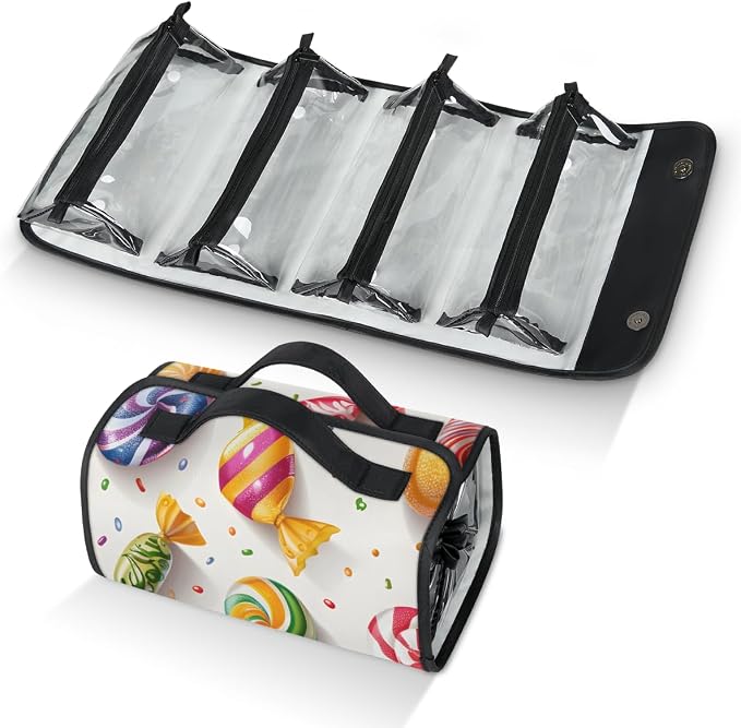 Candy Makeup Bag for Women Hanging Roll-Up Travel Organizer Toiletry Kit with 4 Removable Compartments, Colorful Candy