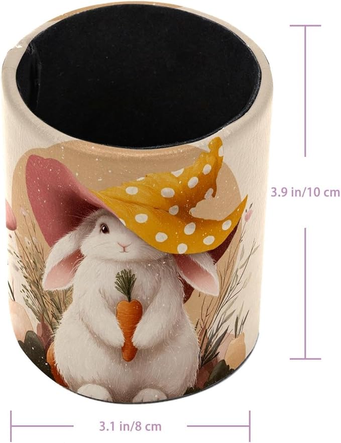 Faux Leather Pen Holder for Desk, Pencil Organizer Cute Easter Bunny Pen Cup Desk Decor Makeup Brush Holder Storage for Office Home