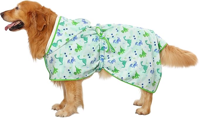HDE Dog Bathrobe Super Absorbent Quick Drying Puppy Towel Wrap Coat Adjustable After Bath Robes with Hood for Dog Sizes S-XXL Cute Dinosaurs XL