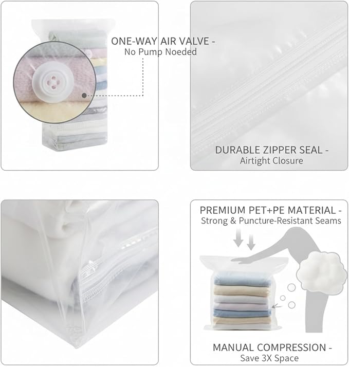 1 Pack Manual Compression Storage Bag, Space Saver with One-Way Valve for Travel and Closet Organization, Durable PET PE Material