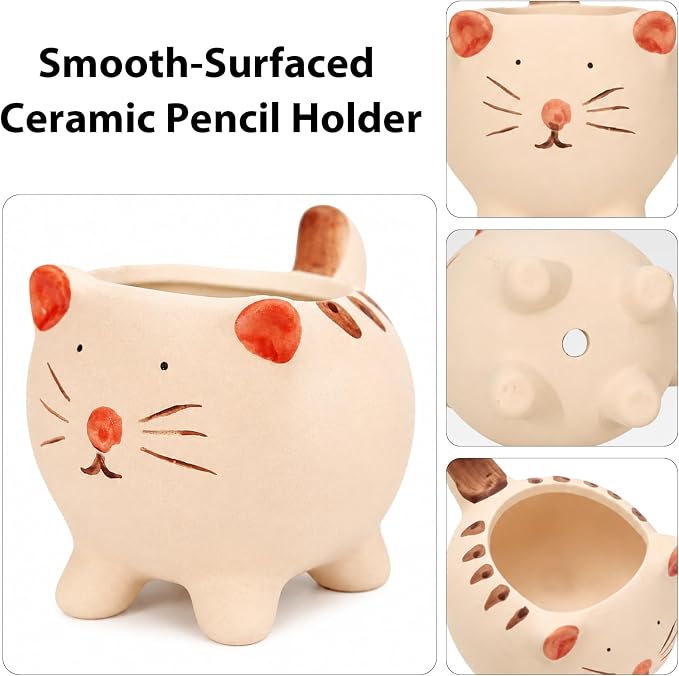 Ceramic Cat Shaped Pen Pencil Holder for Desk Decoration Accessories Cat Decor Makeup Brush Pen Cups Office School Ideal Gifts for Women, Mom or Birthdays