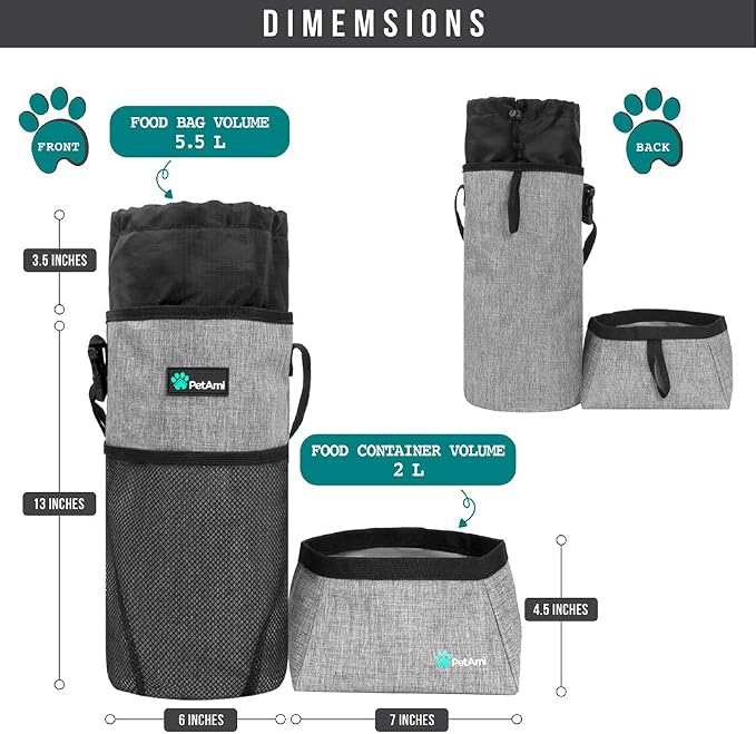 PetAmi Travel Dog Food Bag with 2 Collapsible Bowls Waterproof Dog Kibble Storage & Foldable Food Water Bowls for Dogs & Cats, Hiking & Camping (Heather Grey)