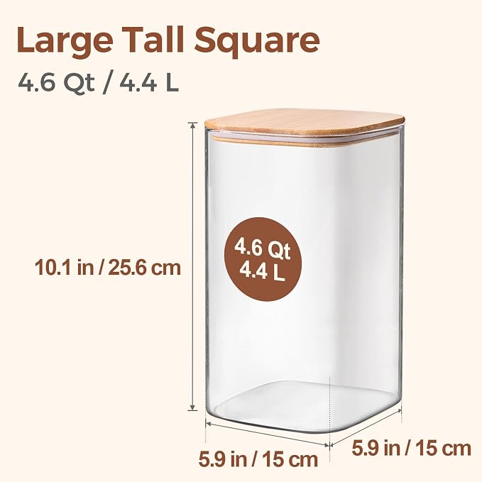 ComSaf Glass Storage Jars with Bamboo Lids 4.6 Qt Large Pantry Square | Cabinet Organization, Flour Sugar Coffee Beans, Pasta Cereal Dry Food, Big Capacity, Dry Food Storage