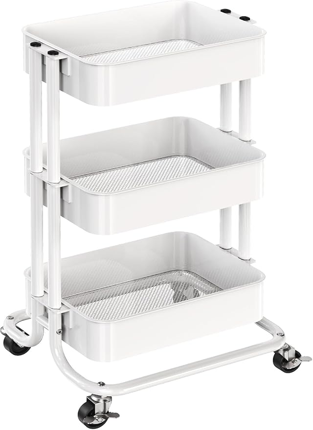Pipishell 3 Tier Metal Rolling Utility Cart with 2 Lockable Wheels, White | 360° Rotating Wheel, Heavy-Duty Steel, Sturdy Dual Columns, Ventilated Mesh, Hold 22 lbs per Shelf, for Kitchen & Living Room