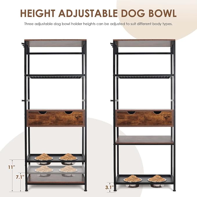 Dog Feeding Station with Storage Large Dog, Pet Dog Food Storage Organizer with Bowls & Shelves, 3 Height Adjustable Raised Dog Bowl Stand for Medium Dogs Cats (Black+Vintage)