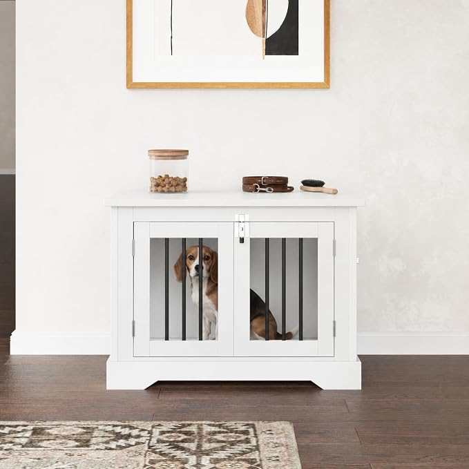 30" Wooden Dog Crate Furniture,Small Kennel Pet Cage End Table for Indoor | for Medium S XS Dogs, White, Fits Living Room Bedroom, Heavy Duty Steel Frame with Lock 25 lbs Cap, 100 lbs Top.