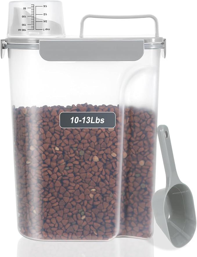 LEAWALK 10-13 Lbs Upgrade Capacity Dog Cat Food Storage Container, Pet Dog Treat Container, Airtight, Clear Bucket Body, With 2-Cup Scoop, Handle, Large Nozzle, 4-Safety Buckles, Easy to Clean, Gray
