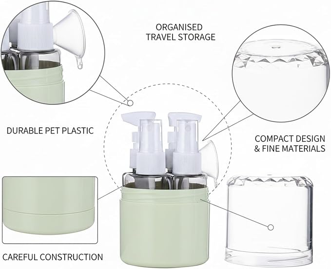 4-Piece Refillable Travel Bottle Set, 1.7 oz PET Spray & Pump Dispensers for Toiletries, Green