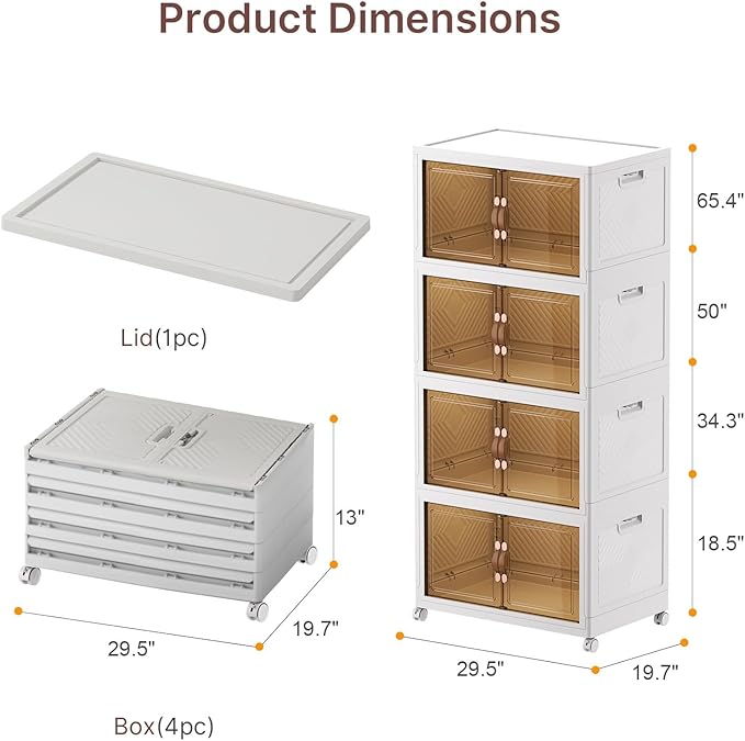 Stackable Storage Bins with Lids, 720QT Lockable Storage Cabinet | Folding Storage Box with Doors and Wheels, Collapsible Plastic Drawers for Home, Garage, Office