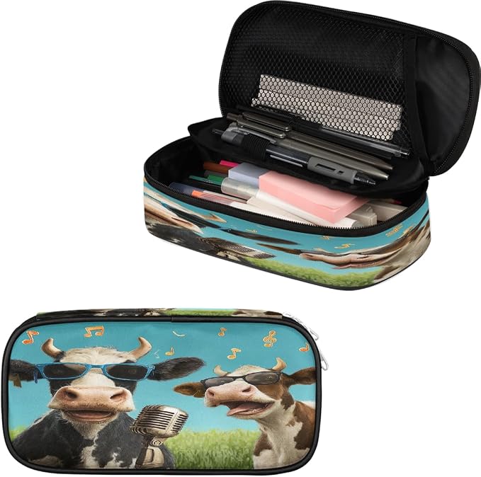 Cute Pencil Case for Girls Boys, Two Music Cows Art Portable Pencil Bags Pouch Pen Case Organizer with Zipper for School College Office