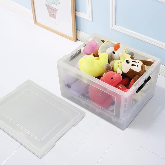 4-Pack 32 Quart Clear Collapsible Storage Bins with Lid | Clear Stackable Plastic Organizer Boxes, Foldable for Closet, Pantry, Dorm Storage