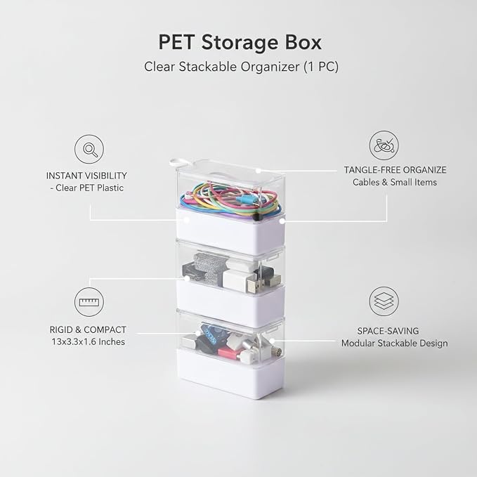 Stackable PET Storage Box, Rigid Clear Organizer for Cables & Small Items, Durable Transparent Container, 13 x 3.3 x 1.6 Inches