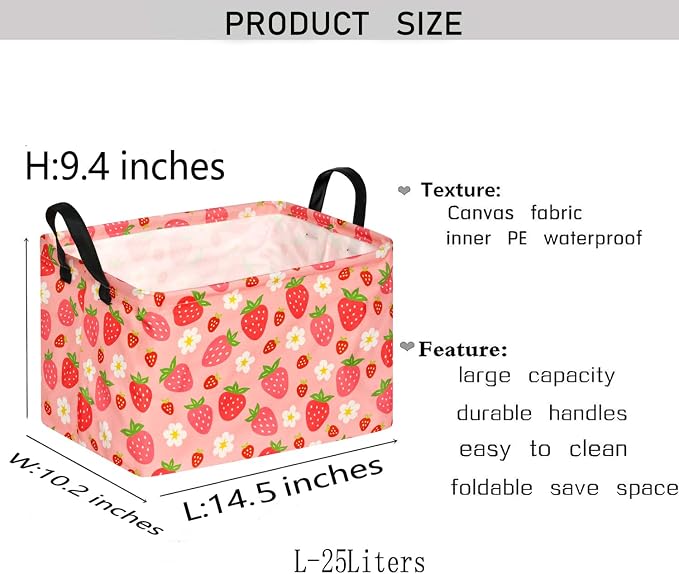 Kid Storage Basket Gift Shelf Basket Toy Storage Bin, Nursery Basket Organizer Box for Children Room Deco With Handles (Strawberry)