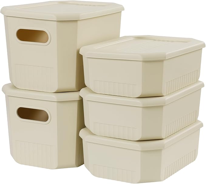 ANMINY Plastic Storage Bins Baskets with Lids, 5-Pack, 2M+3S | Large Plastic Bins, Sturdy PET, with Handles, Stackable, Opaque Storage Boxes, for Closet Shelves Desk, Ivory Lids