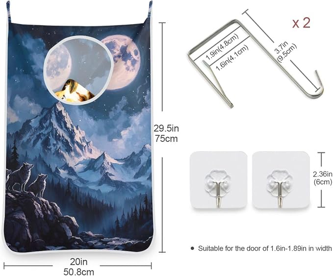 1PC Hanging Laundry Hamper Bag Over the Door Laundry Hamper Wall Hamper Large Dirty Clothes Hamper with Stainless Steel Hooks 29.5x20Inch Blue Wolf Moon