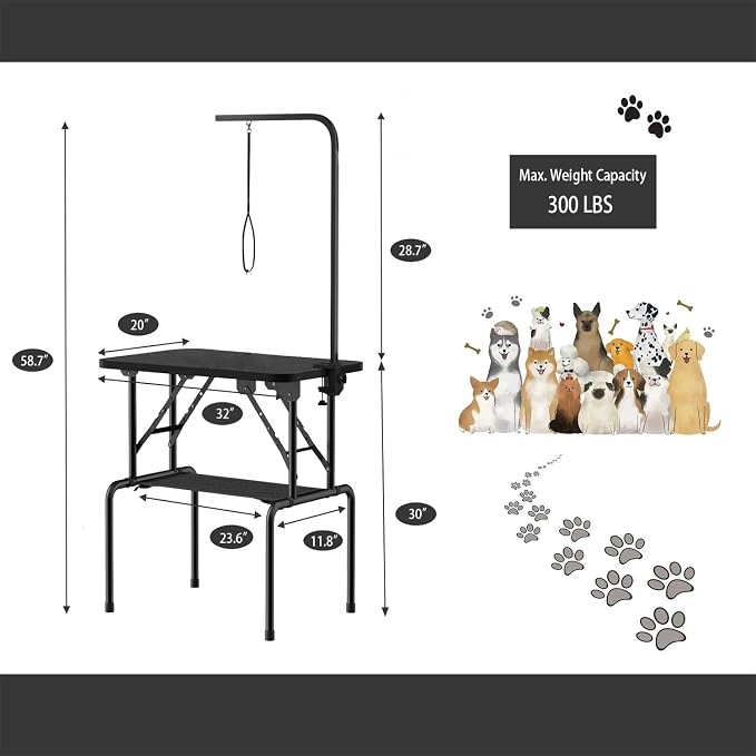 32 Inch Foldable Dog Grooming Table with Adjustable Arm, Nooses & Storage Basket - Non-Slip Pet Grooming Station for Dogs & Cats - Supports Up to 300 lbs (32 inches)