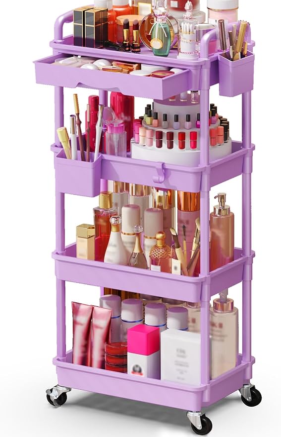 SUNALLY Makeup Cart Organizer with Drawer,4 Tier Rolling Makeup Cart,Purple | Rolling Vanity Storage for Skin Care Perfume Nail Polish, Floor Skincare Organizers Cosmetics Display Bathroom Storage Cart