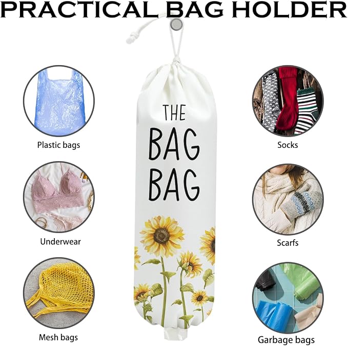 Sunflower Plastic Bag Holder, Wall Mount Grocery Bag Holder for Plastic Bags | Pull Rope Free Adjustment, Sunflower Reusable Shopping Bags Storage Dispenser for Home Kitchen Pantry, 22.5x9 Inch