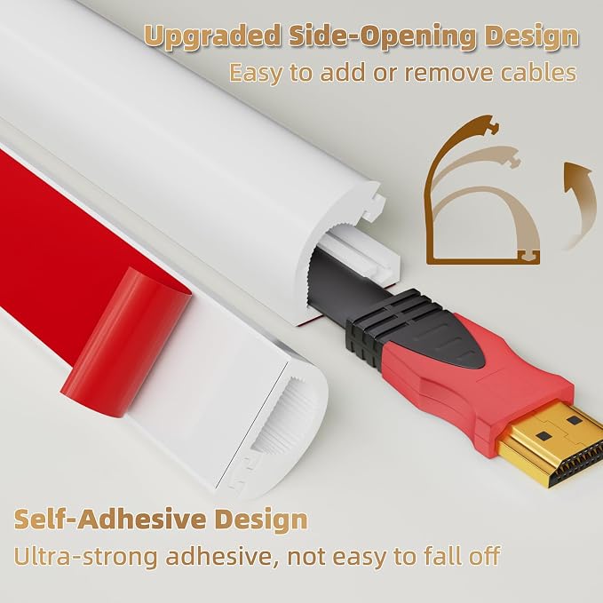 118" Side Open One Cord Hider (<1/4") for Wall Mounted Tv,Silicone Flexible | Cable Cover to Hide Conceal Cords Along Wall,Wire Raceway Management Cable Concealer Channel,Electric Cord Organizer,White