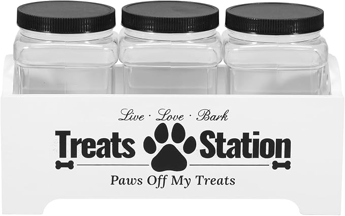Dog Treat Container With 3 Plastic Cat Food Jars, Farmhouse Pet Storage Organizer for Dogs and Cats (White)
