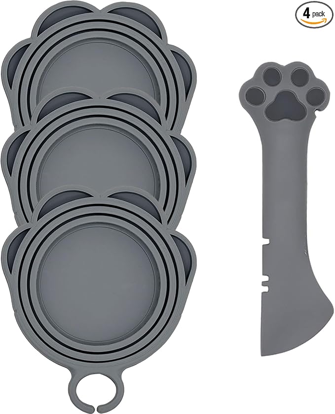 3 Pcs Cat Food Can Covers & One Can Opener | Cute Paw Shape Lids and Opener Spatula Cat Wet Food Spoon | Universal BPA Free Silicone Spoon & Covers for Dog Cat Cans(Grey)