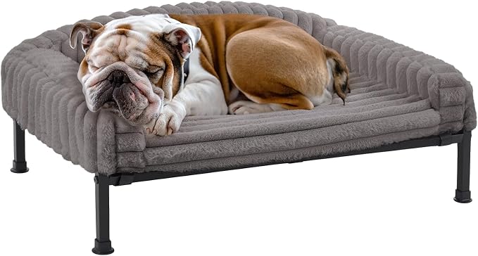 Veehoo Elevated Dog Bed with Bolster Cushion, Fluffy Plush Dog Couch Beds for Small Dogs, Cats, Washable Raised Pet Cot with Non-Slip Feet for Indoor or Patios Use, 36 x 28 Inches, Grey