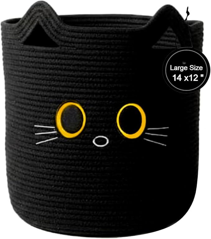 Nursery Storage Basket, 25L Large Woven Cotton Rope Baby Bin, Black Cat Design, Cutout Handles, Foldable, Washable, & Baby-Safe Organization for Kids Toy, Stuffed Animals, Laundry Hamper (Black Cat)