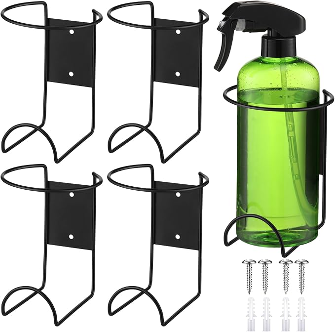CroBlissful 4 Pcs Spray Bottle Holders Wall Mount Heavy Duty Rack, Black | Metal Rack for Garage Laundry Workshop, Includes Mounting Hardware, Space Saving Storage Organizer, Holds Bottles Securely