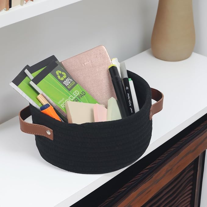 Small Woven Cotton Rope Basket with Leather Handle, Black | Mini Round Storage Basket, Empty Gift Basket, Nursery Toy Organizer, Decorative Shelf Bin, Boho Room Decor