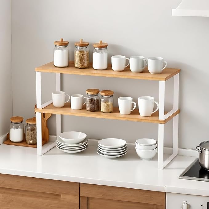 DOUKE Cabinet Organizer Shelf, Set of 2 Kitchen Counter Shelves, Kitchen Storage, Spice Rack, Stackable, Expandable, Metal and Engineered Wood, 15.6", White | Expandable and Stackable