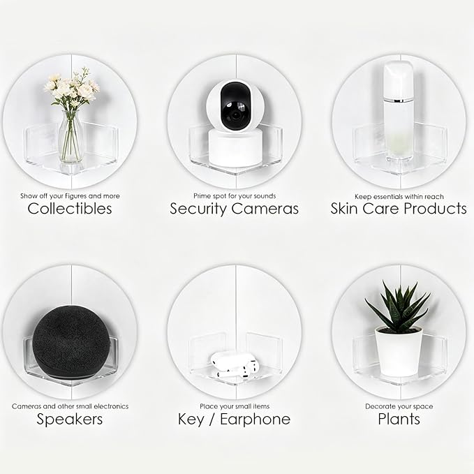 Mini Corner Shelf | Security Camera Shelf - 2 Pieces Acrylic Small Adhesive Wall Mount Stand for Monitor Speaker Bathroom Nursery Living Room Bedroom Kitchen Home