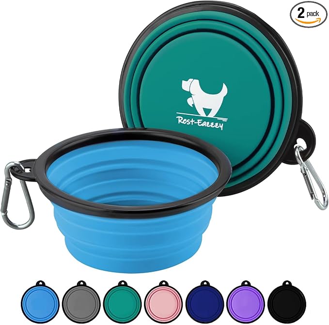Rest-Eazzzy Collapsible Dog Bowls, 2 Pack Sturdy Portable Dog Water Bowls | Wear-Resistant TPE, Anti-Dust Foldable Travel Dog & Cat Bowls for Camping Walking Hiking with Carabiners