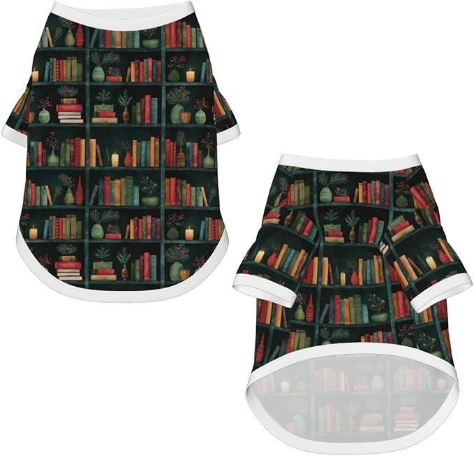 Bookshelf Green Books Dog T Shirt Dogs Cats Cotton Shirts Short Sleeve Clothes Soft Stretchy Pet Costume Doggy Outfit Pullover Jumper Puppy Sweatshirt Medium