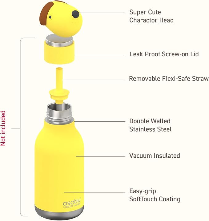 asobu Bestie Bottle Replacement Head For Insulated Stainless Steel Water Bottle, Detachable Soft Animal Head, Collectable Bottle Head for Fun Drinking For Kids, Dog